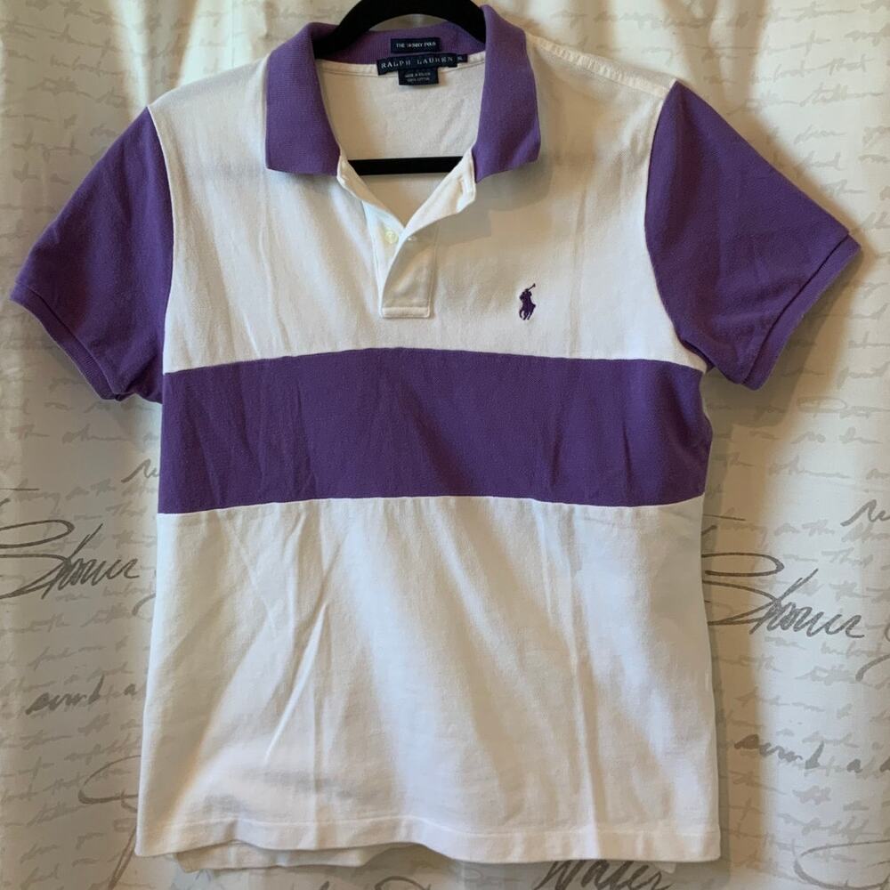 Ralph Lauren XL White Purple Stripe Rugby Polo Pony Shirt Vintage Y2K